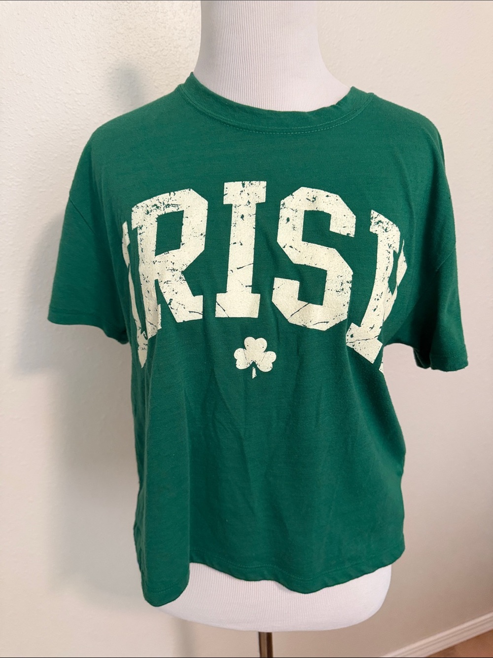 Green Crop Tee with Distressed 'IRISH' Graphic